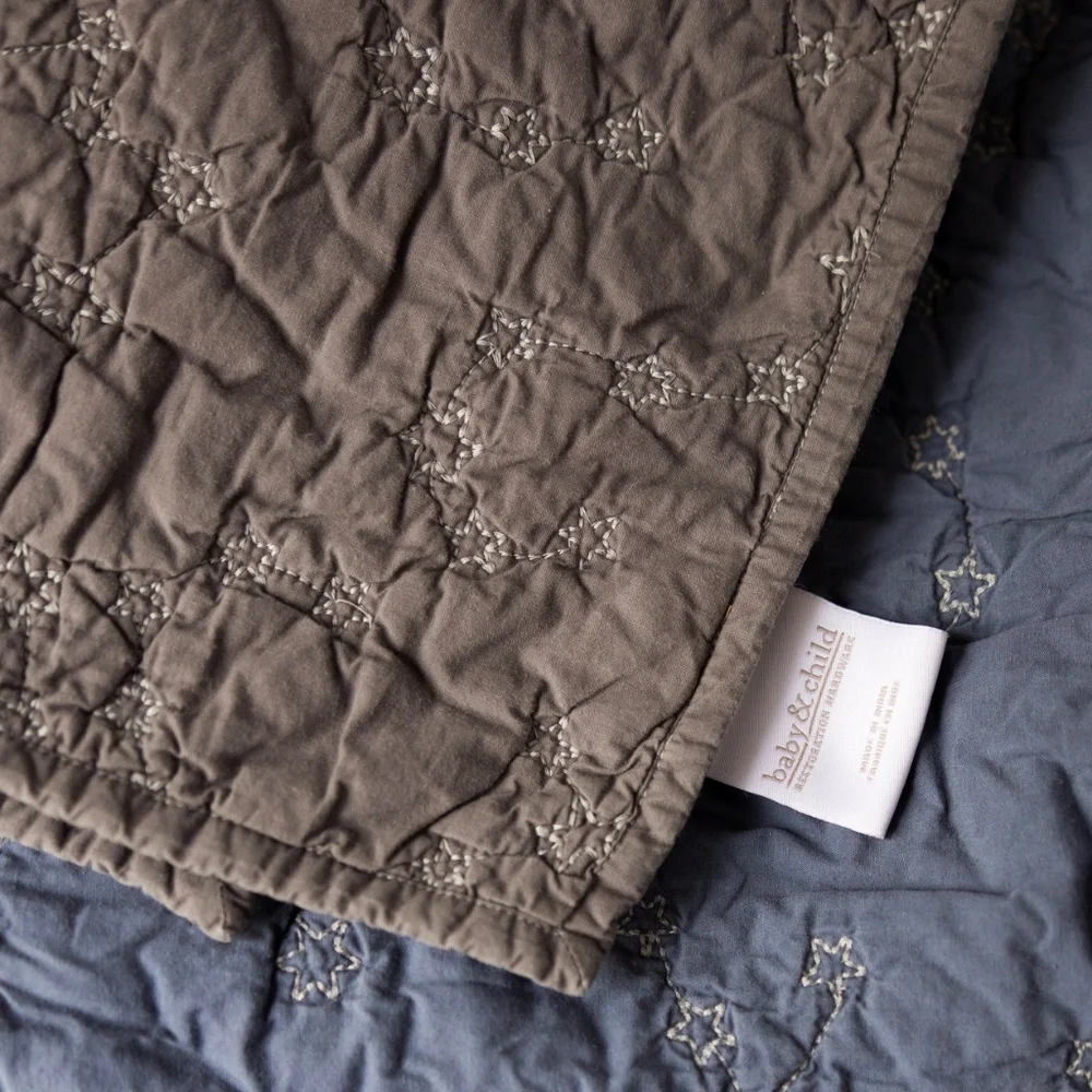 Restoration Hardware Baby Child Cotton Gray Blue Quilt Nursery Blanket Stars